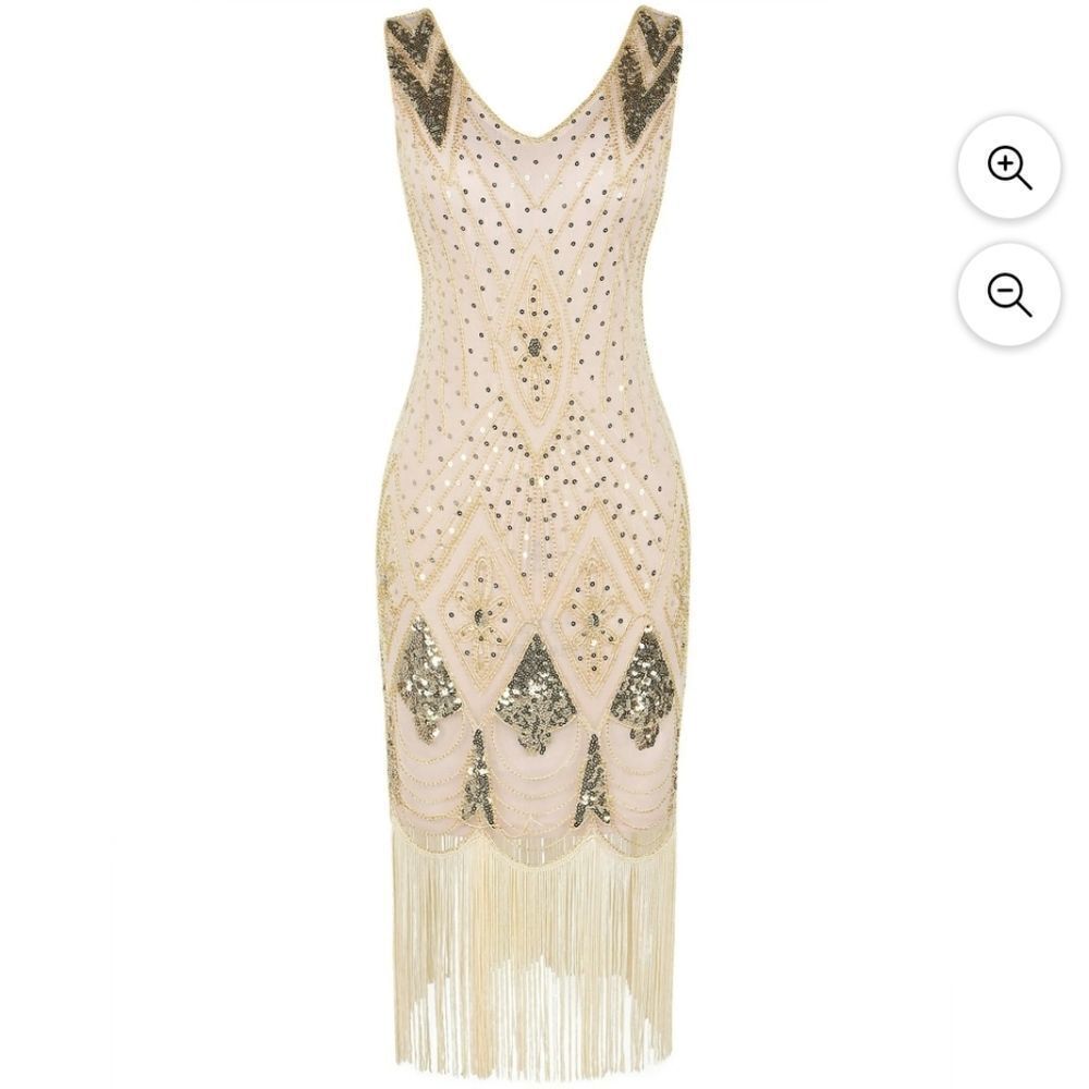 Vintage-Inspired Sequin Fringe Midi Dress in Champagne